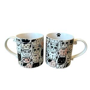 Spectrum Designz MITSY CAT FACE Coffee Tea Mugs 21oz Stoneware Set of 2 NEW